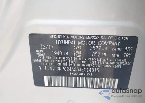 2018 Hyundai Accent Se из США, поврежденный, VIN 3KPC24A35JE014315